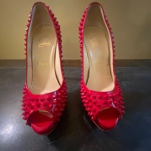 Christian Louboutin Lady Peep-Toe Spiked Heels- Red